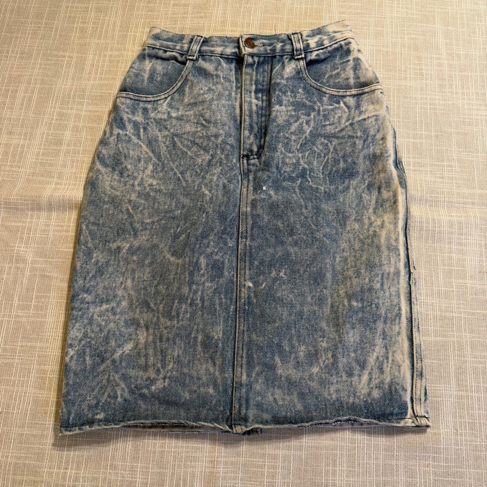 Mondy Vintage Acid Wash Denim Skirt High Waisted Light Blue Midi Pencil 23 Waist